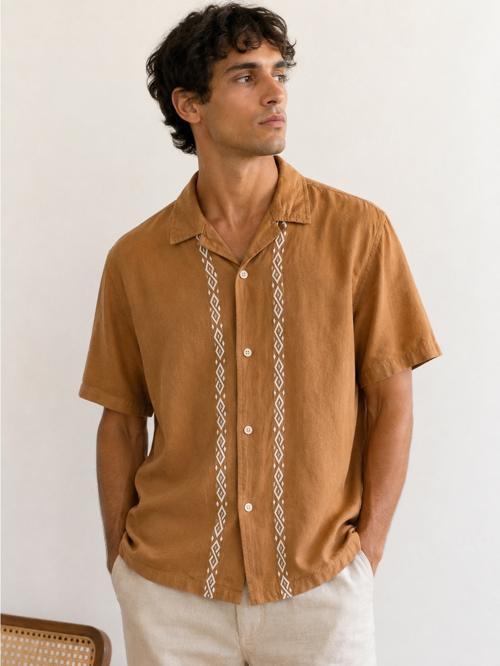 Folk Linen Blend Short Sleeve Button Up Shirt Geometric Embroidered Boho Size M